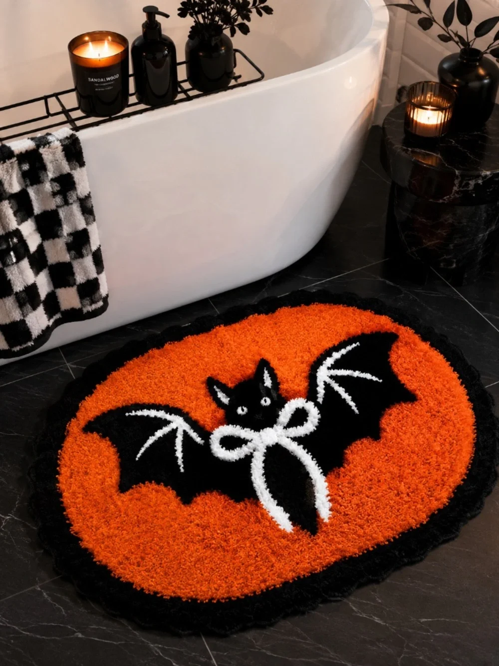 Halloween Bat Bath Rug Orange Black Bow Microfiber Novelty 20x30 NWT